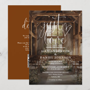 Invitación Just Love Boho Barn Luces de Cadena Código QR Boda