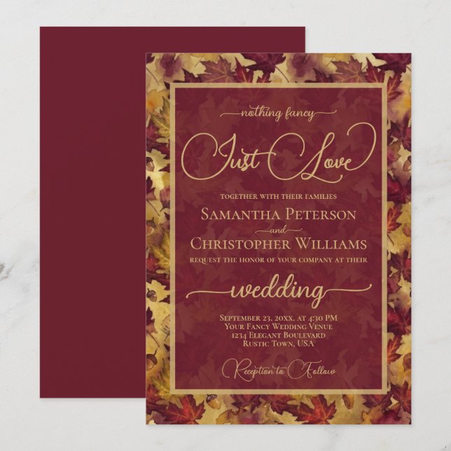 Invitación Just Love Burgundy & Gold Autumn Leaves Wedding (Anverso / Reverso)