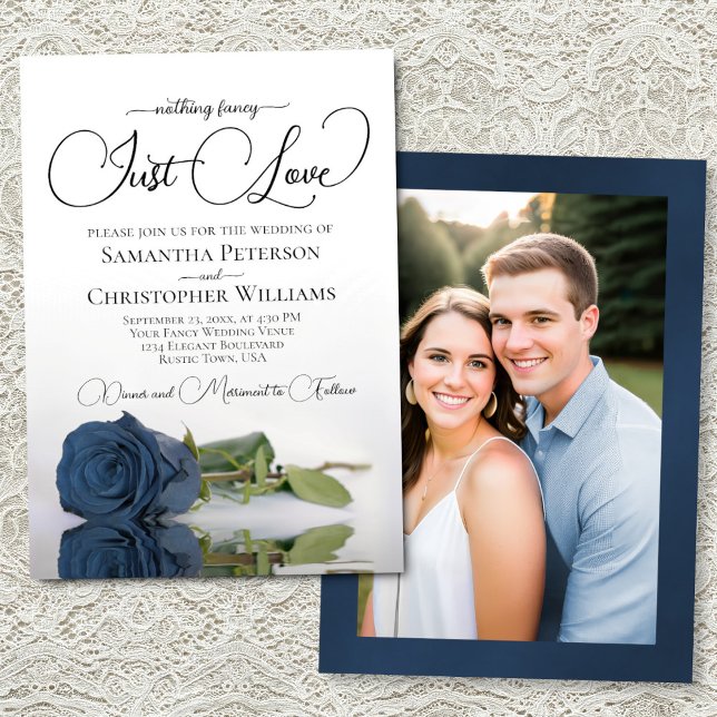 Invitación Just Love Elegant Steel Blue Rose & Photo Wedding (Front/Back)