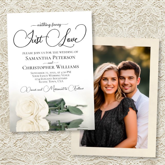 Invitación Just Love Elegant White Rose Photo Back Wedding (Front/Back)