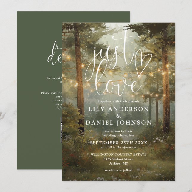 Invitación Just Love Forest String Lights Código QR Boda (Anverso / Reverso)