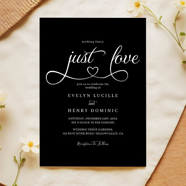Invitación Just Love Heart Script Sleek Black Wedding (Subido por el creador)