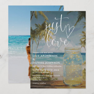 Invitación Just Love Playa Palmeras Frasco de Mason Foto Boda