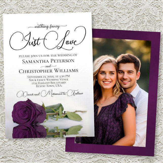 Invitación Just Love Plum Purple Rose Photo on Back Wedding (Front/Back)