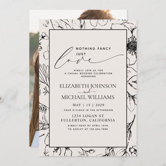 Invitación Just Love Rubor Black Botanical Photo Boda (Anverso / Reverso)