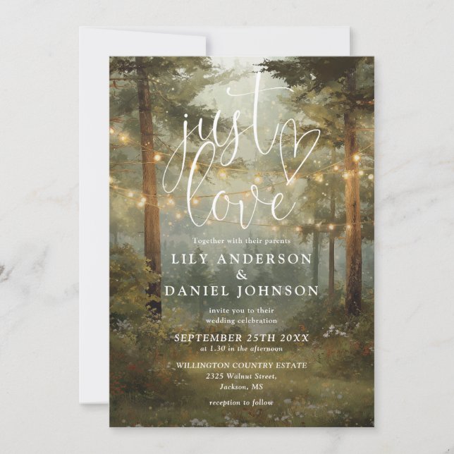Invitación Just Love Rustic Boho Forest Luces de Cadena para  (Anverso)