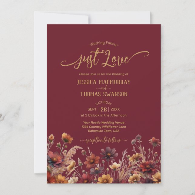Invitación Just Love Rustic Burgundy Boho Wildflowers Wedding (Anverso)
