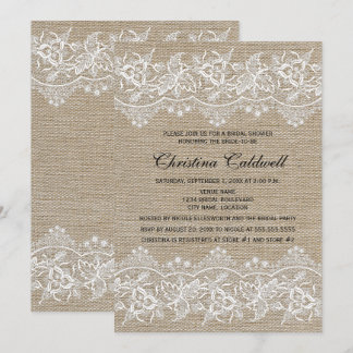 Invitación Jute y encaje rústicos lucen ducha de novia