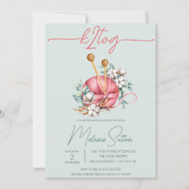 Invitación k2tog, ducha de novias de punto de algodón azul y