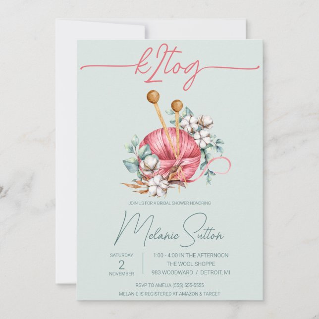 Invitación k2tog, ducha de novias de punto de algodón azul y  (Anverso)