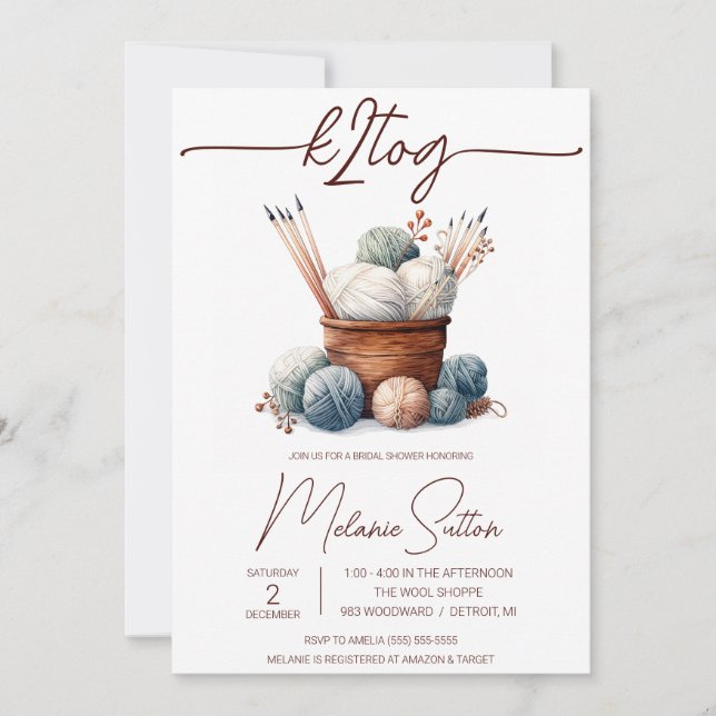 Invitación k2tog, Knitting, Basket Yarn Bridal Shower (Anverso)