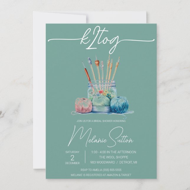 Invitación k2tog, Knitting, Jar of Yarn Bridal Shower (Anverso)