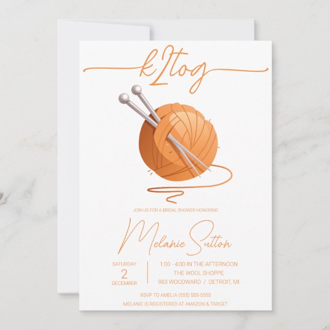 Invitación k2tog, Knitting, Naranja Ball of Yarn Bridal Showe (Anverso)