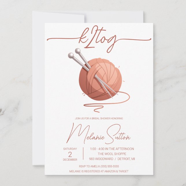 Invitación k2tog, punto, bola rosada de la ducha de novia yar (Anverso)