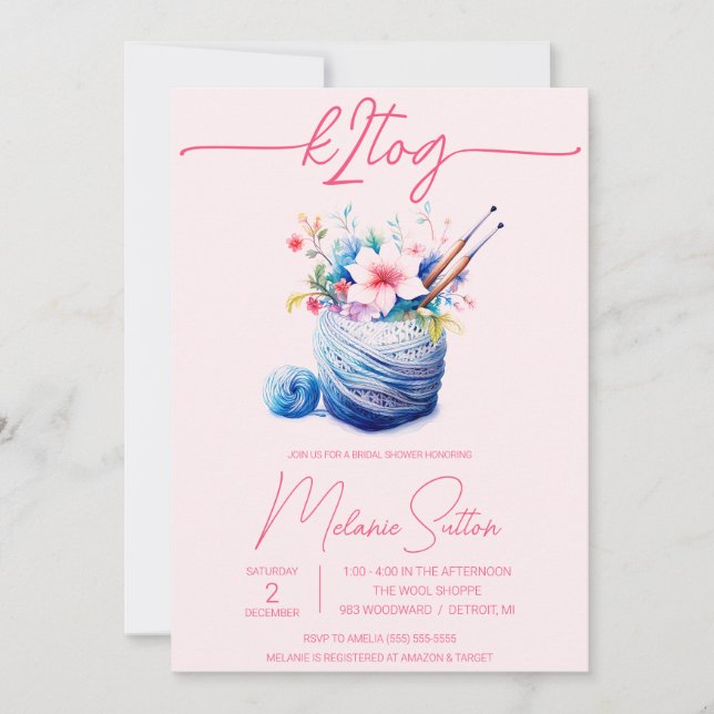 Invitación k2tog, Spring Floral, Yarn, Kniters Bridal Shower (Anverso)