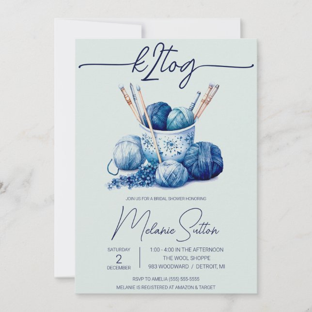 Invitación k2tog, yarn azul Wintery, ducha nupcial de punto (Anverso)