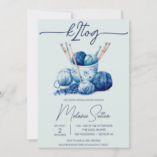 Invitación k2tog, yarn azul Wintery, ducha nupcial de punto
