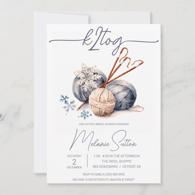 Invitación k2tog, yarn gris de invierno, ducha de novias de p (Anverso)