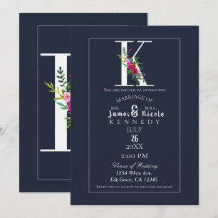 Invitación K Monograma Última Inicial Moderno Azul Floral Bod