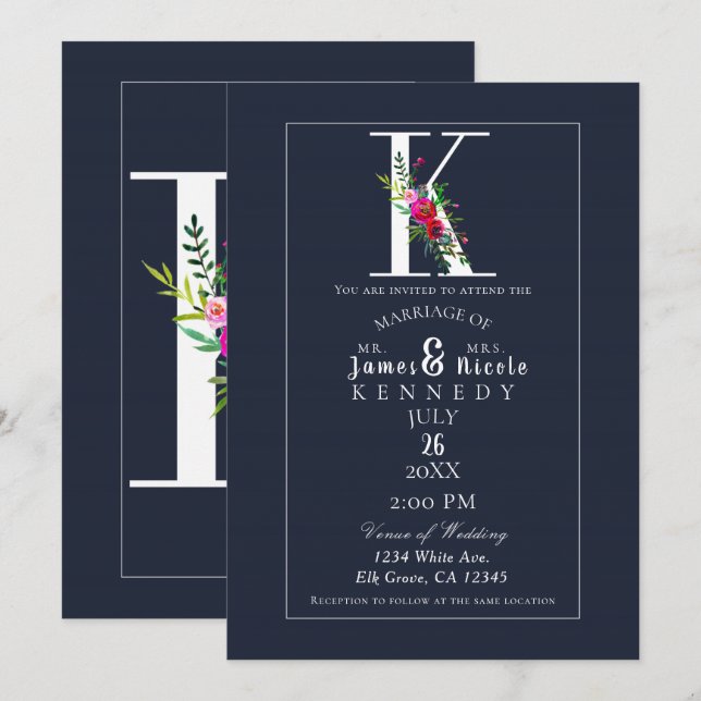 Invitación K Monograma Último Boda floral azul moderno inicia (Anverso / Reverso)