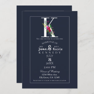 Invitación K Monograma Último Boda floral azul moderno inicia