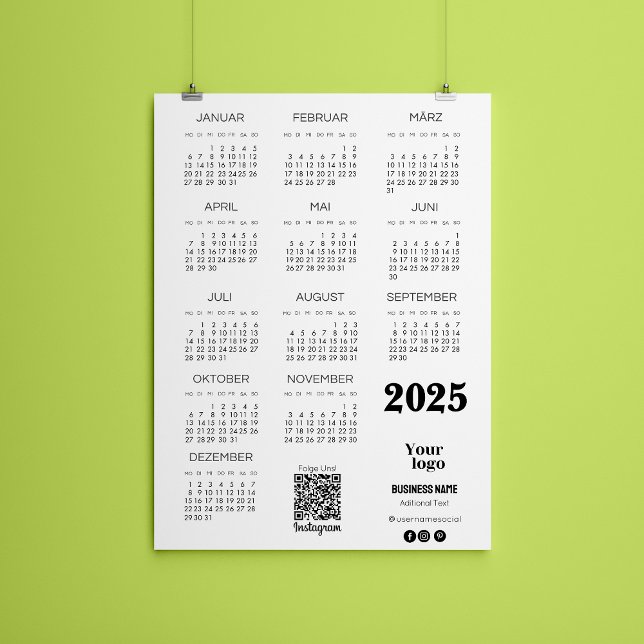 Invitación Kalender Deutsch 2025 Calendario de año completo C (Kalender Deutsch 2025 Full Year Calendar Qr Code Invitation)