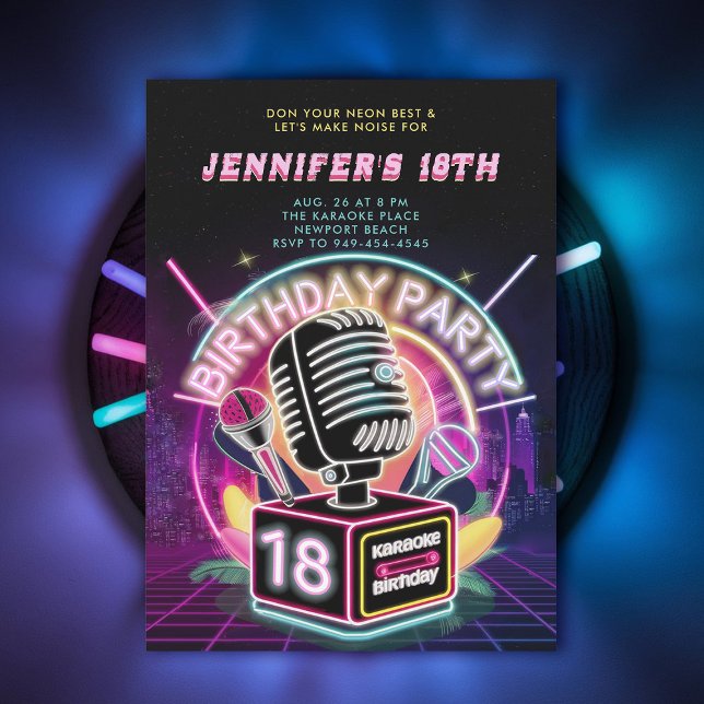 Invitación Karaoke 90 Neon Glow Millennial 18º cumpleaños (18th birthday party for girls karaoke night neon glow 90s millenial funky chic)