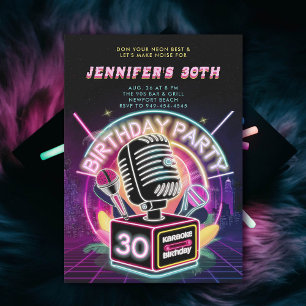 Invitación Karaoke 90 Neon Glow Millennial 30 cumpleaños