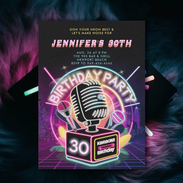 Invitación Karaoke 90 Neon Glow Millennial 30 cumpleaños (karaoke neon glow 30th birthday invitation 90s millennial arcade)