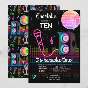 Invitación Karaoke Neon Glow Cantando Disco Fiesta Cumpleaños