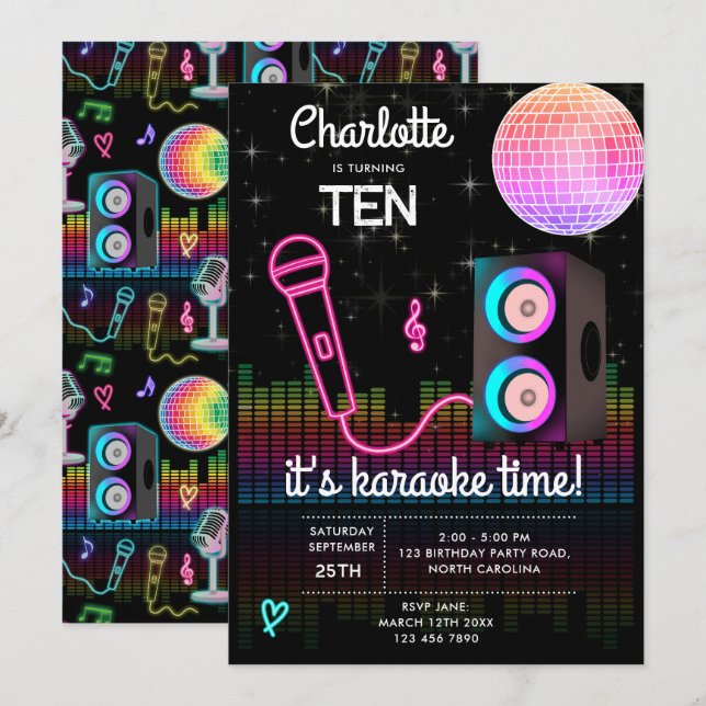 Invitación Karaoke Neon Glow Cantando Disco Fiesta Cumpleaños (Anverso / Reverso)