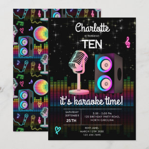 Invitación Karaoke Neon Glow Cantando Música Fiesta Cumpleaño