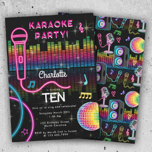 Invitación Karaoke Neon Glow Cumpleaños Cantando Música Fiest
