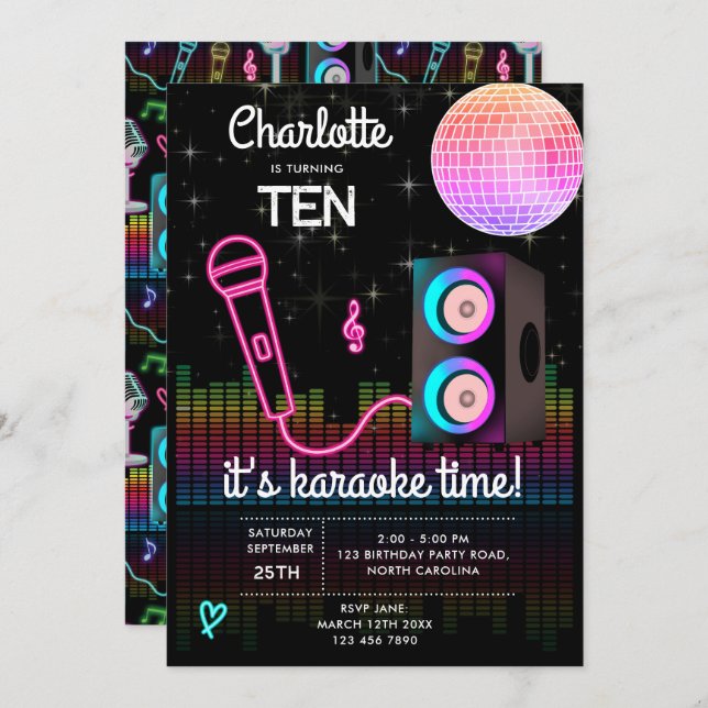 Invitación Karaoke Neon Glow Singing Disco Party Birthday (Anverso / Reverso)