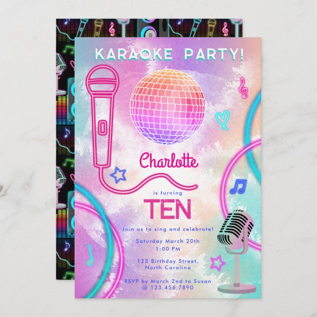 Invitación Karaoke Neon Glow  Tie Dye Birthday Party  (Anverso / Reverso)