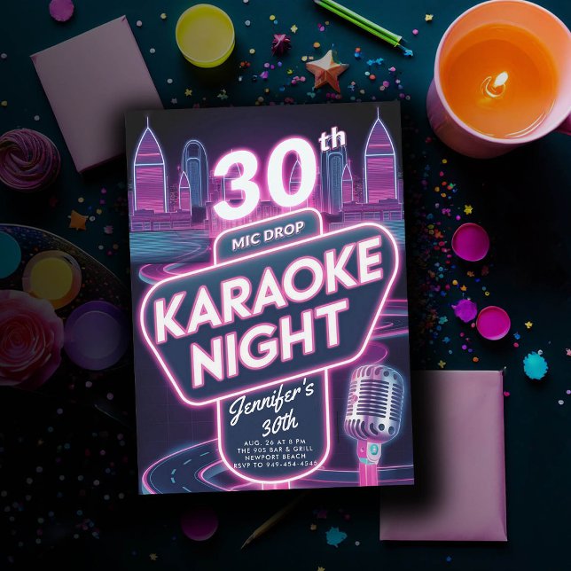 Invitación Karaoke Neon Pink Glow 30 Adultos de los 90 (90s neon glow arcade pink birthday invitation for women millennial y2k)