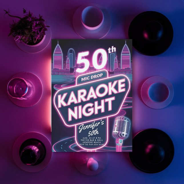 Invitación Karaoke Neon Pink Glow 50 Adultos de los 90 (90s neon glow arcade pink50th  birthday invitation for women y2k)