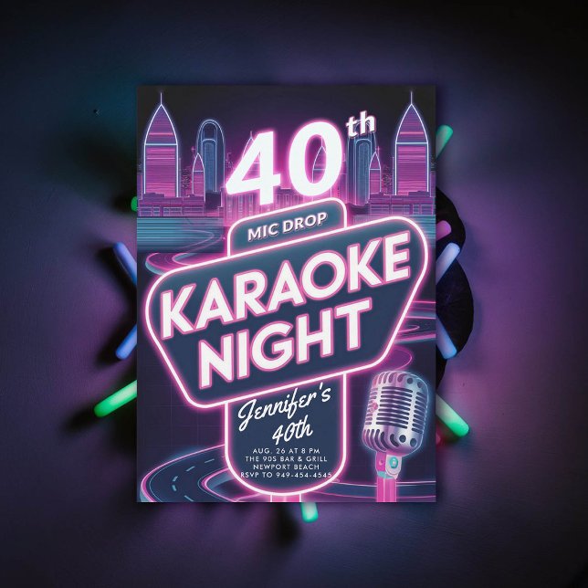 Invitación Karaoke Neon Pink Glow de Adultos 90 cumpleaños 40 (90s neon glow arcade pink40th  birthday invitation for women millennial y2k)