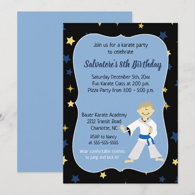 Invitación Karate Birthday Invitation Boy Blue Belt (Anverso / Reverso)