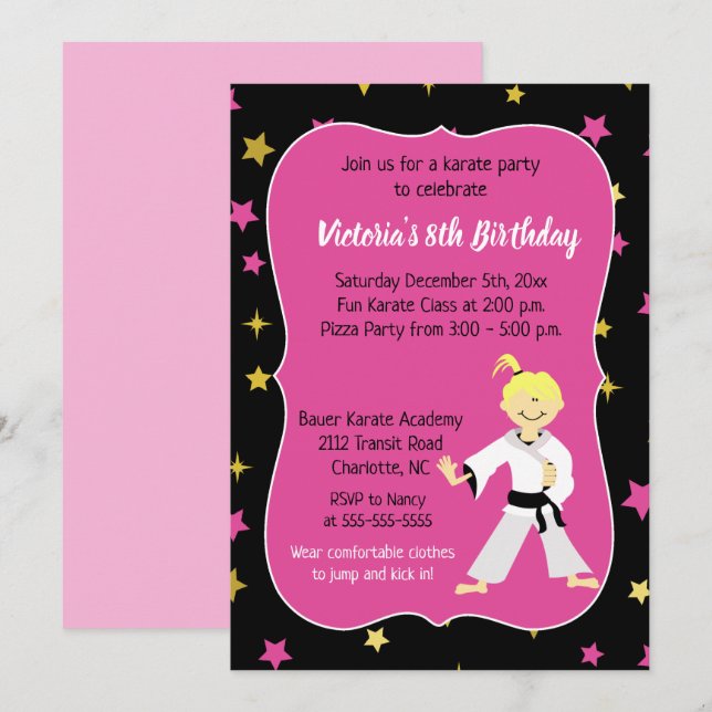 Invitación Karate Birthday Invitation Chica Black Belt (Anverso / Reverso)