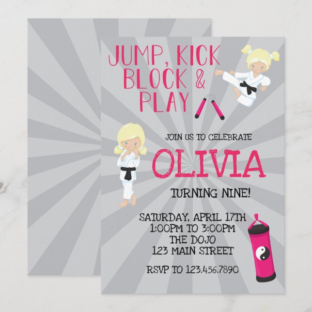 Invitación Karate Chica Pink Martial Arts Cumpleaños (Anverso / Reverso)