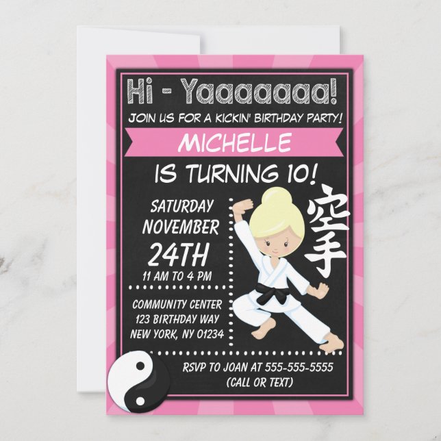 Invitación Karate Fiesta Chica de pelo rubio hijos Fiesta de  (Anverso)