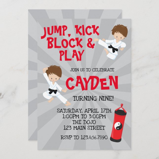 Invitación Karate Martial Arts cumpleaños rojo y negro (Anverso / Reverso)