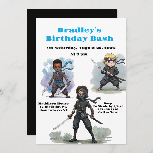 Invitación Karate Ninja Boy Bash de cumpleaños (Anverso / Reverso)