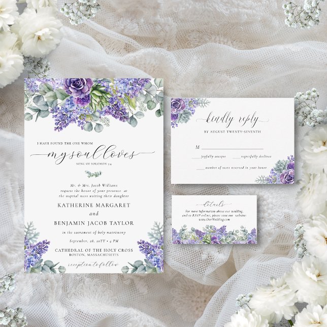 Invitación Katherine Boda católica floral tradicional (Catholic nuptial mass wedding invitation with purple florals and succulents and eucalyptus greenery)
