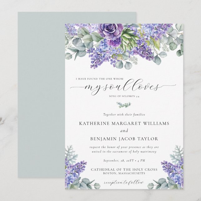 Invitación Katherine Floral Lavender Boda Católica (Anverso / Reverso)