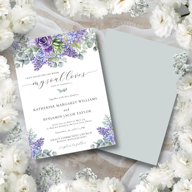 Invitación Katherine Purple Floral Christian Faith Boda (Katherine Christian wedding invitation with purple succulents and eucalyptus greenery.)