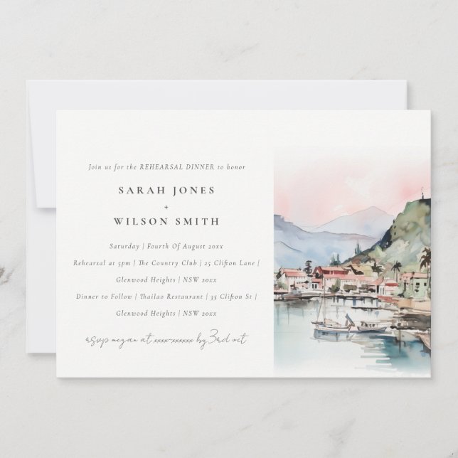 Invitación Kauai Hawaii Watercolor Landscape Rehearsal Dinner (Anverso)