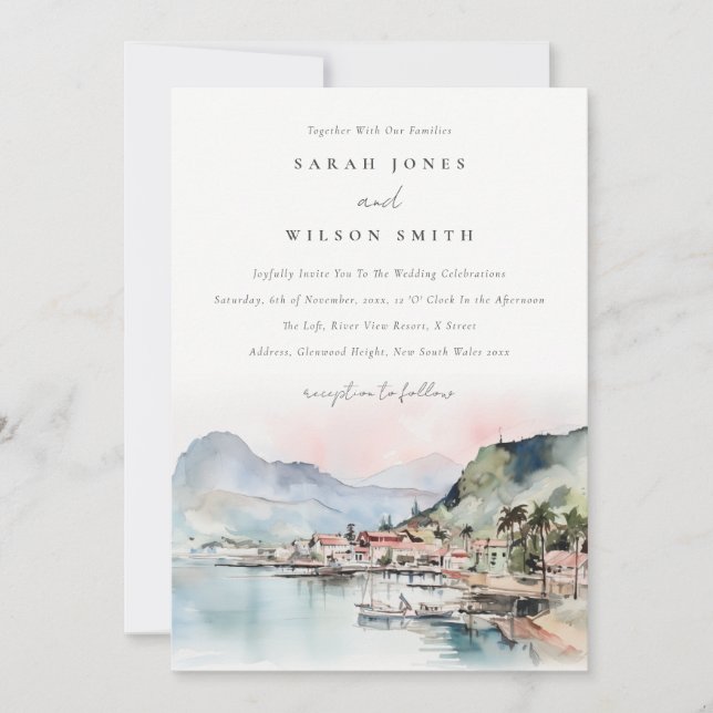 Invitación Kauai Hawaii Watercolor Landscape Wedding (Anverso)