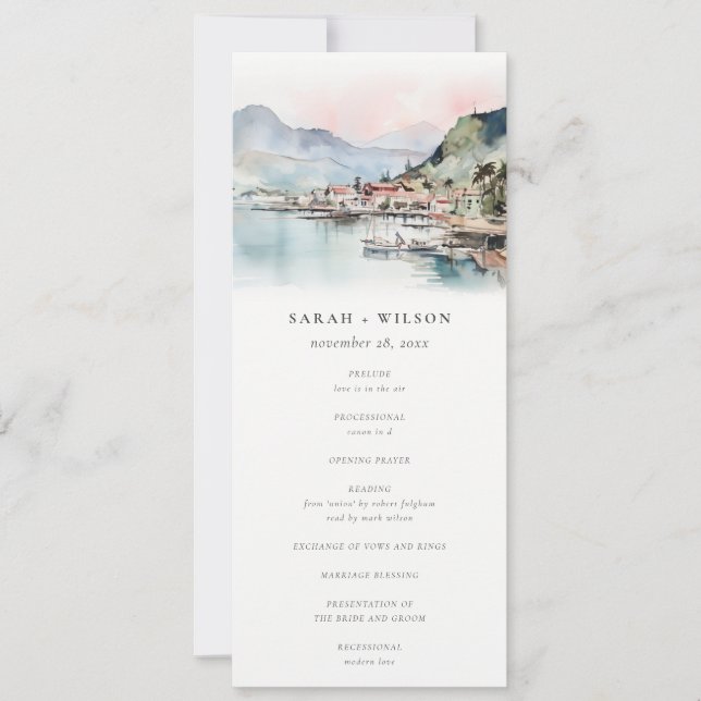 Invitación Kauai Hawaii Watercolor Landscape Wedding Program (Anverso)